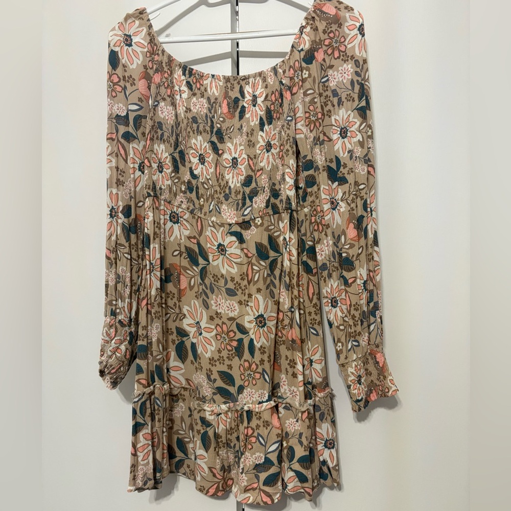 Promesa Floral Long Sleeve Maxi Dress in Tan, Pink & Teal